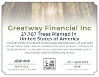 GREATWAY FINANCIAL INC. PARTNERS WITH ONE TREE PLANTED IN SUPPORT OF GLOBAL REFORESTATION EFFORTS