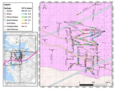 Figure 1: Plan map of the current area of drilling on the West Graham Project showing the collar locations and drill traces of the completed holes as well as all holes with assays pending.  Location of Figure 2 is also displayed on the map. See Table 1 assay results. Bold collar labels indicated holes with new assay results. (CNW Group/SPC Nickel Corp.)