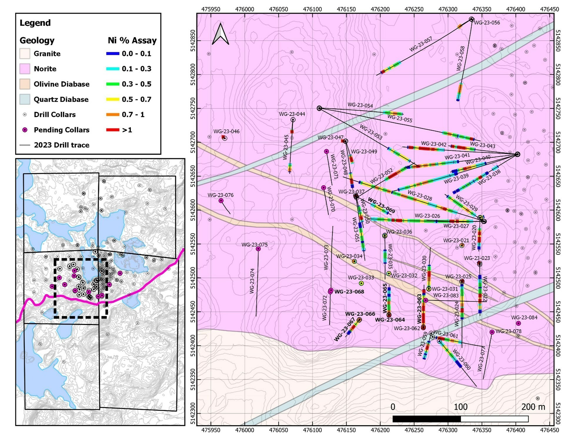 Figure 1: Plan map of the current area of drilling on the West Graham Project showing the collar locations and drill traces of the completed holes as well as all holes with assays pending.
Location of Figure 2 is also displayed on the map. See Table 1 assay results. Bold collar labels indicated holes with new assay results. (CNW Group/SPC Nickel Corp.) Figure 1: Plan map of the current area of drilling on the West Graham Project showing the collar locations and drill traces of the completed holes as well as all holes with assays pending.
Location of Figure 2 is also displayed on the map. See Table 1 assay results. Bold collar labels indicated holes with new assay results. (CNW Group/SPC Nickel Corp.)