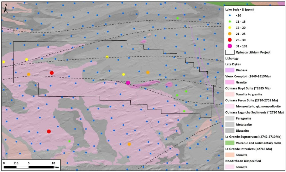 Figure 1 - Geology Map of Opinaca with Li Values in Lake Sediments (CNW Group/Targa Exploration Corp.) Figure 1 - Geology Map of Opinaca with Li Values in Lake Sediments (CNW Group/Targa Exploration Corp.)