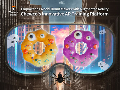 Picture of mochi donuts decorated with Halloween-themed coating, made with Chewco’s Mochi Donut Mix. The new Chewco Bake KaaS service allows bakers to follow the recipe with AR glasses.