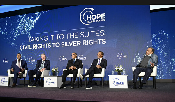The 10th Annual Global HOPE Forums Annual Meeting Returns in 2023 with the Theme "Making the Case for Optimism" [Pictured L-R]  Frank Holland, CNBC, Ed Bastian Delta Air Lines CEO, Benjamin F. Chavis, Jr., NAACP Life Member, John Hope Bryant, founder, Chairman & CEO, Operation HOPE, Ambassador Andrew Young.