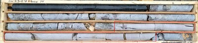 Figure 3: Very ‘clean’ spodumene crystal of ~1.3 m in length – drill hole CV23-271 – at the CV13 Spodumene Pegmatite. (CNW Group/Patriot Battery Metals Inc)