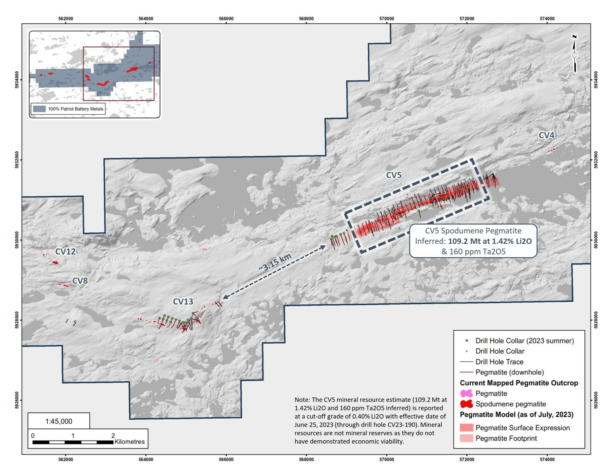 Figure 5: Proximity of the CV5 Spodumene Pegmatite to the CV13 Spodumene Pegmatite. (CNW Group/Patriot Battery Metals Inc)