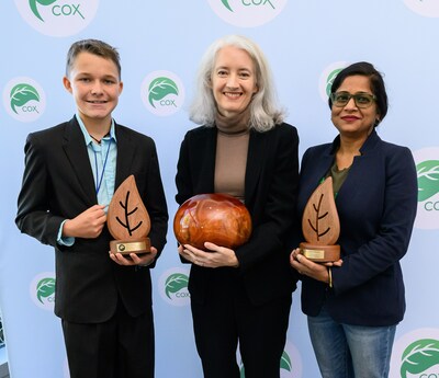 2023 Cox Conserves Heroes winners from left to right: Cash Daniels, Shannon Goodman, Executive Director of Lifecycle Recycling Center, and Dr. Shikha Bhattacharyya.