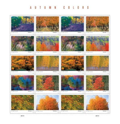 Autumn Colors: The radiant beauty of fall will be celebrated with 10 new stamps in a pane of 20, featuring a portfolio of brilliant photographs taken in a variety of locations around the United States.