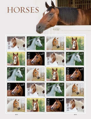 Horses: This stamp issuance celebrates America's love of horses. Once instrumental in the early economic development of the United States, horses are now valued athletes and loyal companions, and are important in law enforcement, forestry, entertainment, equine therapy and cattle ranching. This pane of 20 stamps features five photographs of beautiful equines, each in profile.