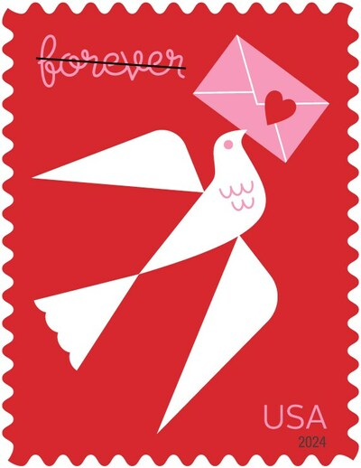 Love: The 2024 Love stamp features a stylized bird in flight bearing a message of love in its beak.