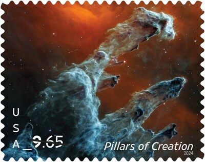Pillars of Creation (Priority Mail): Captured by the James Webb Space Telescope, this extremely high-definition infrared image shows the magnificent Pillars of Creation formation within the Eagle Nebula.