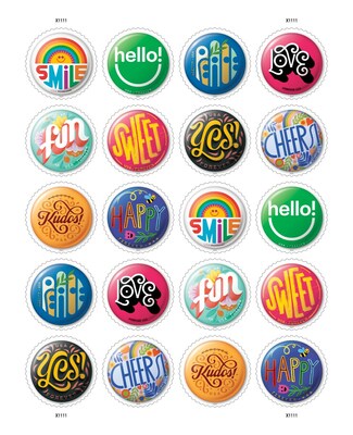 Pinback Buttons: These vibrant stamps will add cheer and whimsical flair to cards and envelopes. The pane of 20 stamps features 10 typographic designs by 10 different artists in their unique styles, each with a single word as the prominent element.