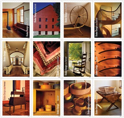 Shaker Design: The year 2024 will mark the 250th anniversary of the arrival of the first Shakers in the United States. Shaker communities made much of what they needed for daily life themselves, including furniture, fabrics, communal buildings and houses. These 12 stamps feature beautiful photographs of items that highlight the core elements of Shaker design: simplicity and utility.