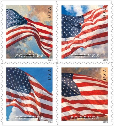 U.S. Flags: The Postal Service continues its tradition of celebrating the U.S. flag with these stamps, available in booklets of 20 and in coils of 100, 3,000 and 10,000. Four stamps feature the flag majestically waving at different times of the day.