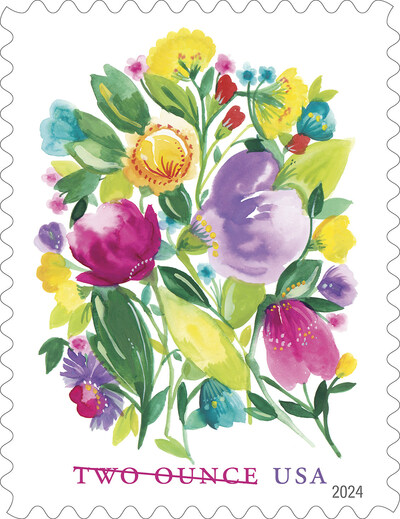Wedding Blooms: This 2-ounce floral stamp can be used to accommodate the weight of heavy invitations for birthdays, weddings, anniversaries and other celebrations; oversized greeting cards; and small gifts that require extra postage. This stamp is similar in design to the Celebration Blooms Forever stamp, also to be issued in 2024. The two will form a natural pair.
