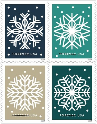 Winter Whimsy: Four new stamps in a booklet of 20 celebrate the winter season with lacy, symmetrical graphic forms inspired by snowflakes.