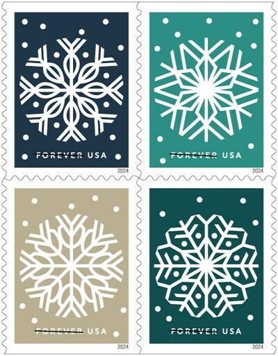 Winter Whimsy: Four new stamps in a booklet of 20 celebrate the winter season with lacy, symmetrical graphic forms inspired by snowflakes.