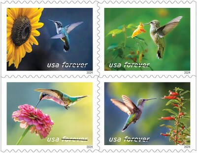 Garden Delights: These stamps will be available for mailers who enjoy adorning their cards and letters with beautiful stamps depicting nature scenes. In each of the four photographs, a different female ruby-throated hummingbird hovers next to either a zinnia, cigar flower, spotted touch-me-not or sunflower. Garden Delights will be issued in booklets of 20.