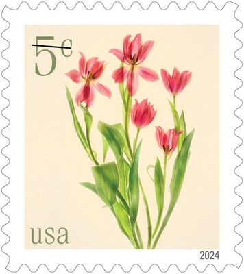 Low Denomination Flowers (1, 2, 3, 5 and 10 cents): A new series of low denomination stamps will debut in 2024. Each stamp will showcase a different flower design: 1-cent fringed tulip, 2-cent daffodils, 3-cent peonies, 5-cent red tulips and 10-cent poppies and coneflowers.