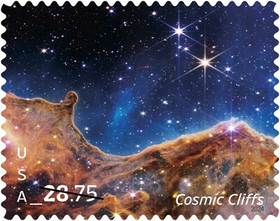Acantilados cósmicos/Cosmic Cliffs (Priority Mail Express): Esta notable imagen del Telescopio Espacial James Web es una representación coloreada digitalmente de las bandas invisibles de luz infrarroja media emitidas por los Acantilados Cósmicos en la nebulosa Carina.