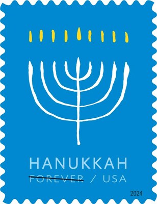 Hanukkah: En 2024 se emitirá una nueva estampilla que celebra la alegre fiesta judía de Hanukkah. El arte es una representación gráfica de una menorá, el candelabro de nueve brazos que solo se utiliza en Hanukkah, con todas las velas encendidas, lo que significa la última noche de la fiesta.