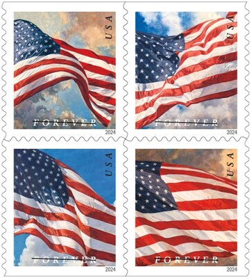 Banderas de EE. UU./U.S. Flags: El Servicio Postal continúa su tradición de celebrar la bandera de los EE. UU. con estas estampillas, disponibles en cuadernillos de 20 y en rollos de 100, 3,000 y 10,000. Cuatro estampillas muestran la bandera ondeando majestuosamente a diferentes horas del día.