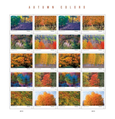 Colores otoñales/Autumn Colors: La luminosa belleza del otoño se celebrará con 10 nuevas estampillas en una lámina de 20 unidades, con una serie de brillantes fotografías tomadas en diversos lugares de Estados Unidos.