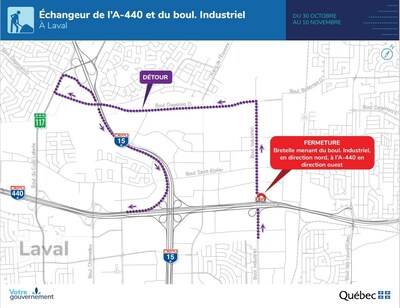 Du 30 octobre au 10 novembre, fermeture d'une bretelle d'accès à l'autoroute 440 en direction ouest à Laval (Groupe CNW/Ministère des Transports et de la Mobilité durable)