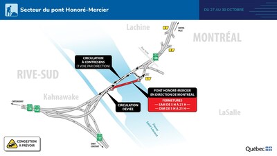 Entraves majeures - Pont Honor-Mercier - Fin de semaine du 27 octobre 2023 (Groupe CNW/Ministre des Transports et de la Mobilit durable)