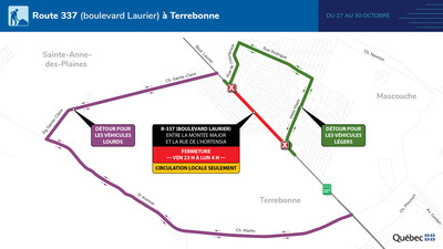 Fermeture de la route 337 à Terrebonne (Groupe CNW/Ministère des Transports et de la Mobilité durable)