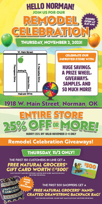 Starting November 2nd, customers will enjoy spectacular discounts, giveaways, sweepstakes, and more at the newly renovated Natural Grocers in Norman, OK.