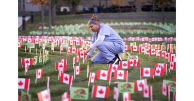 Sunnybrook staff join community volunteers in planting flags for Operation Raise a Flag in support of Canadian Veterans on Remembrance Day. (CNW Group/Sunnybrook Health Sciences Centre)