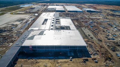 Construction of the Hyundai Motor Group Metaplant America general assembly plant on October 19, 2023.