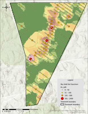 Figure 13: Sky Gold B target area gold in soil survey results highlighting a mineralized trend approximately 4km long and trending NE-SW coincident with orientation of the primary shear zones that host the Asankrangwa gold deposits. Base image is 2023 Au in soils results gridded using ordinary krigging. (CNW Group/Galiano Gold Inc.)
