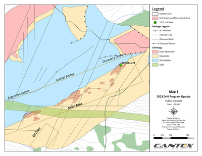 Map 1. 2023 Drill program update (CNW Group/Cantex Mine Development Corp.)