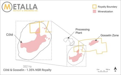 Côté and Gosselin 1.35% Royalty Map (CNW Group/Metalla Royalty and Streaming Ltd.)