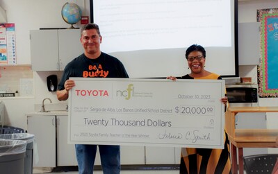 NCFL president and CEO Dr. Felicia C. Smith surprises 2023 Toyota Teacher of the Year winner Sergio de Alba at his school.