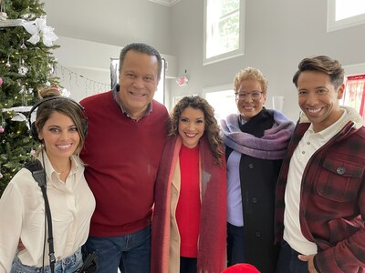 On Set of New Original QVC+ Holiday Movie “The Recipe Files”; From Left to Right: Director Lindsay Hartley, QVC hosts David Venable, Ali Carr, Rachel Boesing and Steve Doss