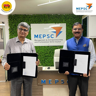 From Left to Right : Arun Nalavadi, Executive Director - Sustainability and Livelihoods, Magic Bus India Foundation, and Col. Anil Kumar Pokhriyal, CEO and Executive Board Member, Management & Entrepreneurship and Professional Skills Council (MEPSC), at the signing of the MoU between MEPSC and Magic Bus.