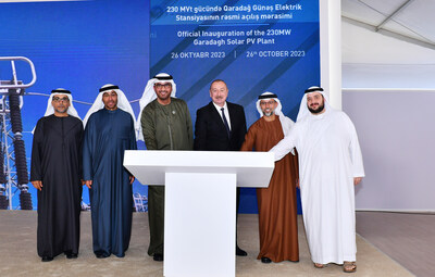 HE Ilham Aliyev, President of the Republic of Azerbaijan, HE Dr Sultan Ahmed Al Jaber, UAE Minister of Industry and Advanced Technology, COP28 President-Designate, and Chairman of Masdar, along with senior UAE delegation, inaugurate the 230MW Garadagh Solar Park in Azerbaijan