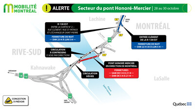 Secteur du pont Honoré-Mercier, 28 au 30 octobre (Groupe CNW/Ministère des Transports et de la Mobilité durable)