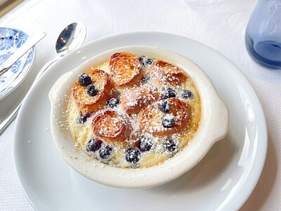 Blueberry Croissant Pudding served with warm rum vanilla sauce is one of seven new bread pudding flavors introduced on Holland America Line's Caribbean cruises.