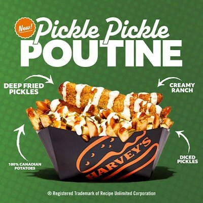 Made with 100% Canadian Cheese Curds and Canadian Potatoes, the Pickle Pickle Poutine is topped with Harvey’s famous Deep Fried Pickles, diced pickles, and garlic ranch drizzle. (CNW Group/Harvey's)