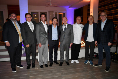 From left to right: Terrence O'Donnell, Sr. VP and GM of Caesars Palace, Struan McKenzie, COO Nobu Hospitality, Sean McBurney, Regional President of Caesars Entertainment, Hiro Tahara, COO Nobu Restaurant Group, Trevor Horwell, CEO Nobu Hospitality; Nobu Matsuhisa, Chef and Co-Founder of Nobu Hospitality, Meir Teper, Co-Founder of Nobu Hospitality, and Gary Selesner, President of Development and International Marketing for Caesars Entertainment. Photo credit: Denise Truscello/Getty Images