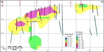 Figure 2. Oblique section (200) showing tin block grades and drill hole grades. (CNW Group/TinOne Resources Corp.)