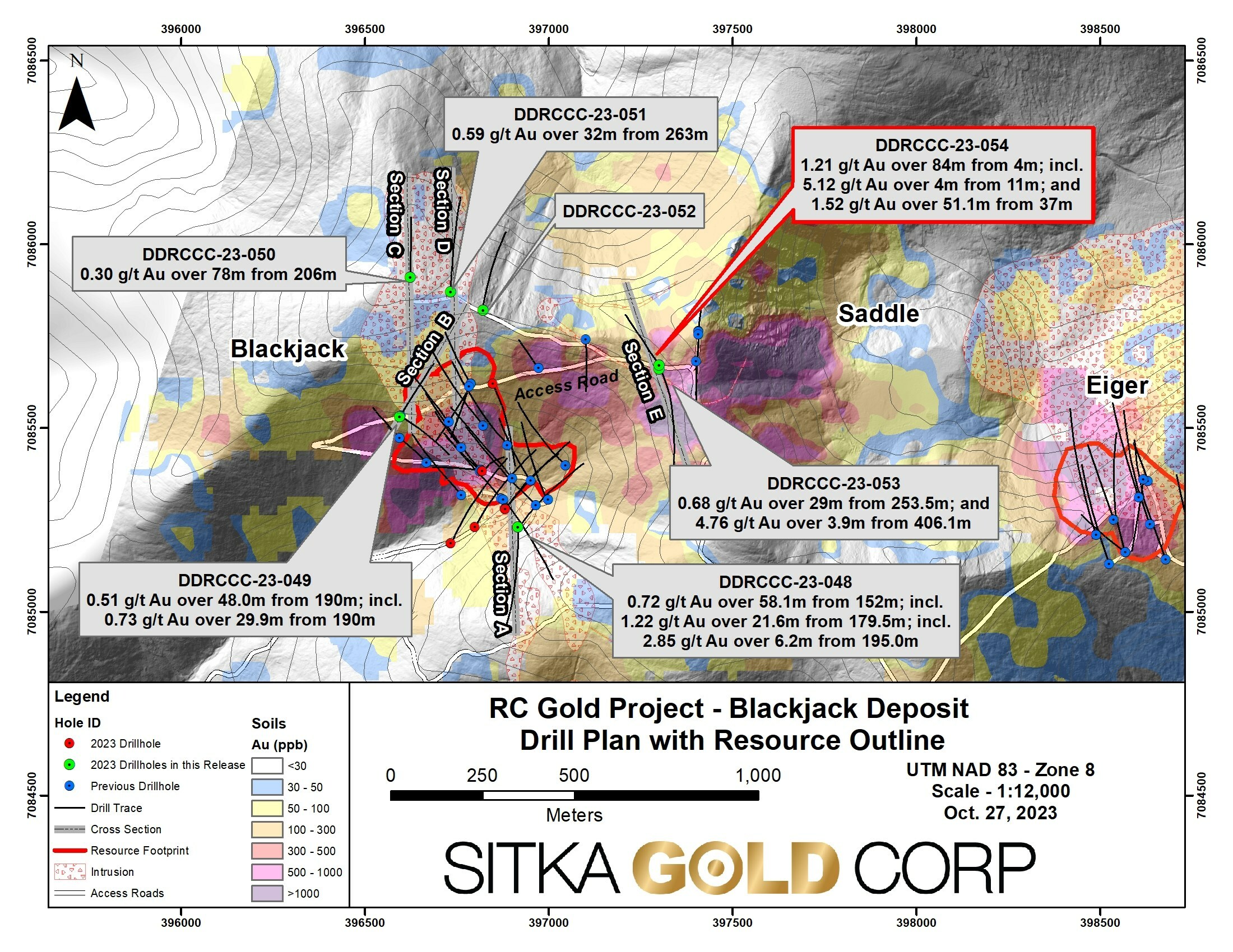 Figure 2: Plan Map Showing the Location of DDRCCC-23-048 through DDRCC-23-054 (CNW Group/Sitka Gold Corp.)