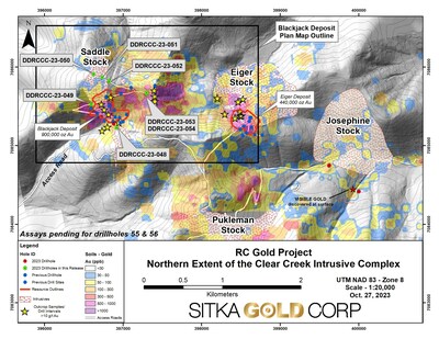 Figure 1: Plan map of the Northern Extent of the Clear Creek Intrusive Complex. Yellow stars indicate where outcrop rock samples or drill hole intervals have returned >10 g/t gold. (CNW Group/Sitka Gold Corp.)