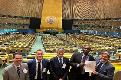 United Nations General Assembly/NYC – Left to Right -  Ibon Zugasti, International Project Manager at LKS Cooperative. Mondragon's management consulting division; Aitor Lizartza, MTA Coordinator, Mondragon University; Lander Beloki, Dean of the Business Faculty, Mondragon University; and Andrew Allimadi, coordinator of Cooperative Issues at the United Nations Secretariat in New York with Iñigo Albizuri Landazabal, Mondragon Corporation's Global Head of Public Affairs, holding the recent (July 17/2023) report of the UN Secretary General on 'Cooperatives in Social Development' identifying the Mondragon case study as one of two premier global cooperative ecosystem models.