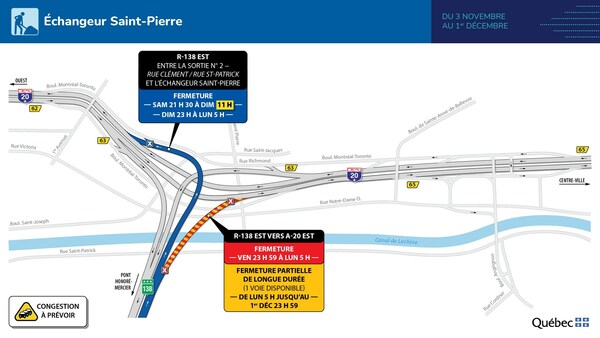 Major obstructions - Saint-Pierre Interchange – November 3 to 6, 2023 (CNW Group/Ministry of Transport and Sustainable Mobility)