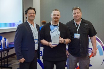 Jason Sayers, CEO Filta International, congratulates Ryan Hopper, CEO of Melick's franchise, and Ken Melick, Filta Midwest owner, for outstanding success at a July 2023 conference. (L to R)