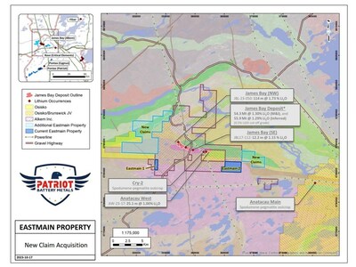 Figure 1: Location of new claim acquisition at the Company’s Eastmain Project**Sources pertaining to Figure 1 include Galaxy Resources Ltd. ASX news release dated September 14, 2017, Alkem Ltd. ASX news releases dated August 3, and 11, 2023, Brunswick Exploration Inc. TSXV news release dated July 20, 2023, and the Ministère de l’Énergie et Ressources naturelles report GM34050 dated September 4, 1975.