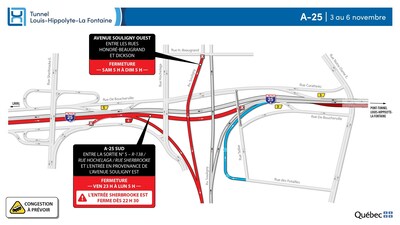 Complete closure of Highway 25 southbound between Exit 5 and the entrance from Souligny Avenue during the weekend of November 3 (CNW Group/Ministry of Transportation and Sustainable Mobility)